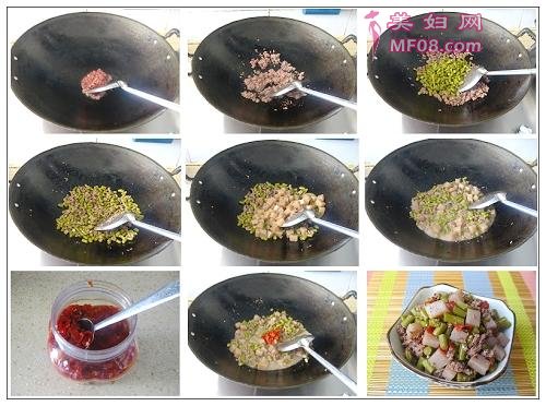 剁椒肉末酸豆角炒魔芋的做法6