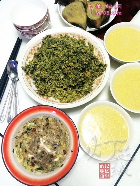胡萝卜缨子豆沫就蜢子虾酱熥鸡蛋