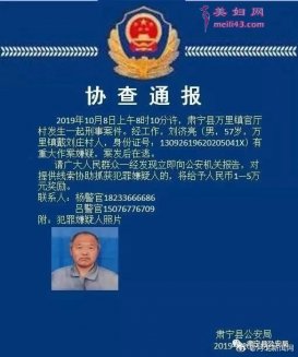 沧州肃宁县发生刑事案件 警方悬赏刘济亮(资料照片)