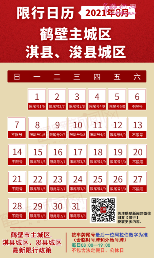 2021年3月份鹤壁限行日历
