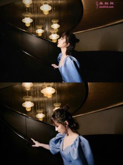 杨紫一头短发搭配蓝色长裙 身形纤瘦